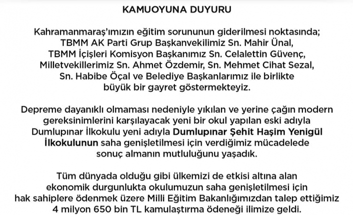 AK Parti Kahramanmaraş İletişim Ofisi’nden ‘kamuoyu’ duyurulu müjde!